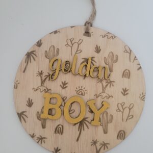 Rond houten bordje cactus - Golden Boy