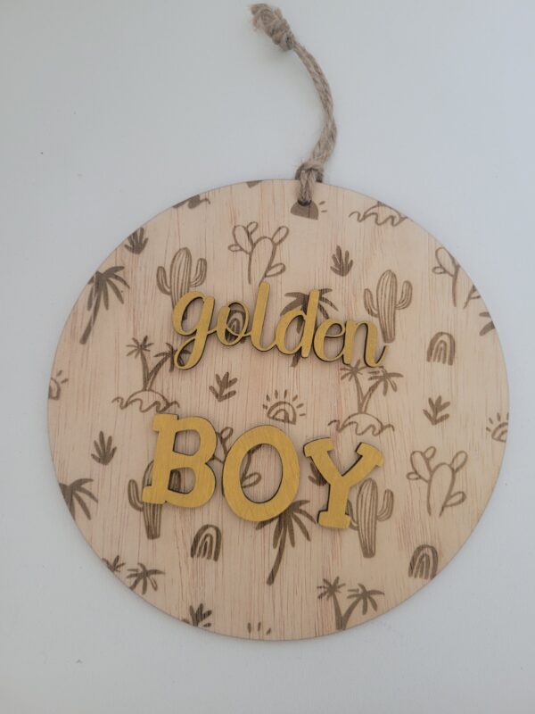 Rond houten bordje cactus - Golden Boy