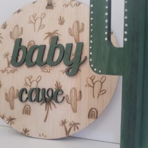 Rond houten bordje cactus - Baby Cave